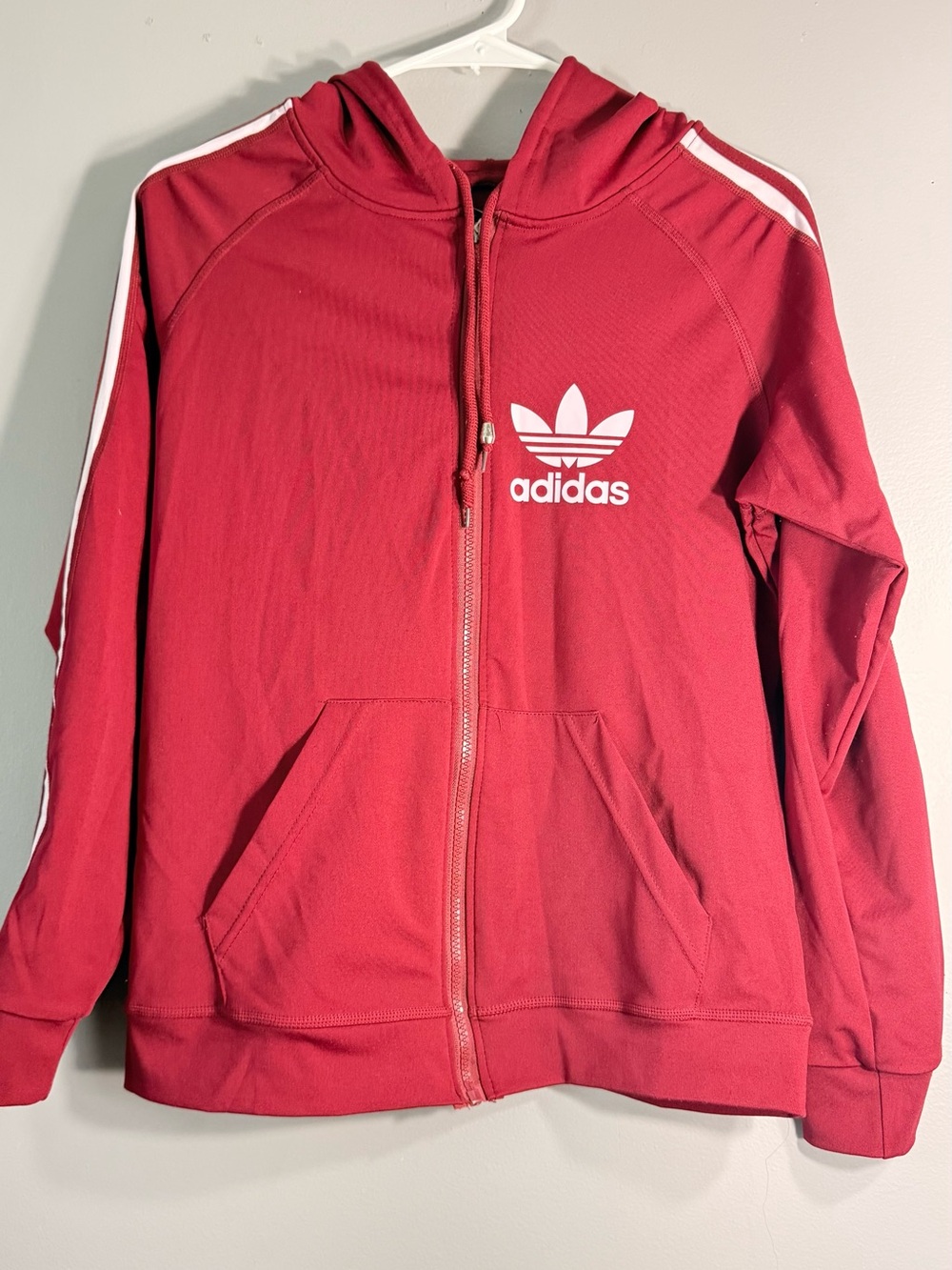 adidas  Red Hooded Zip Jacket with White Stripes